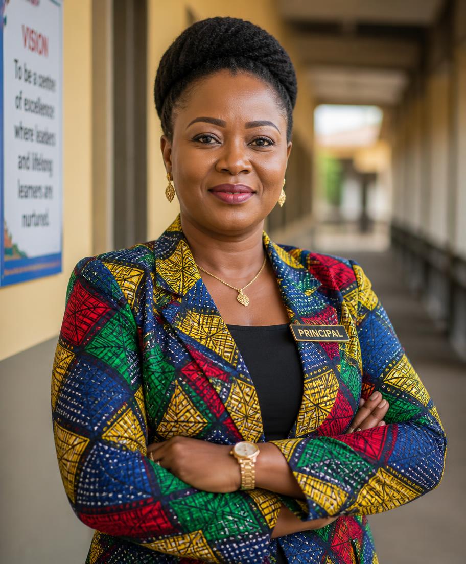 Principal Mrs. Ngozi Eze standing in a school corridor