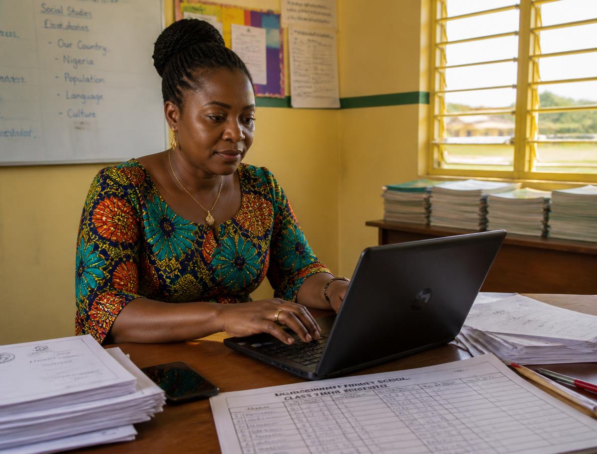 A teacher entering student scores on a laptop beside a paper mark register
